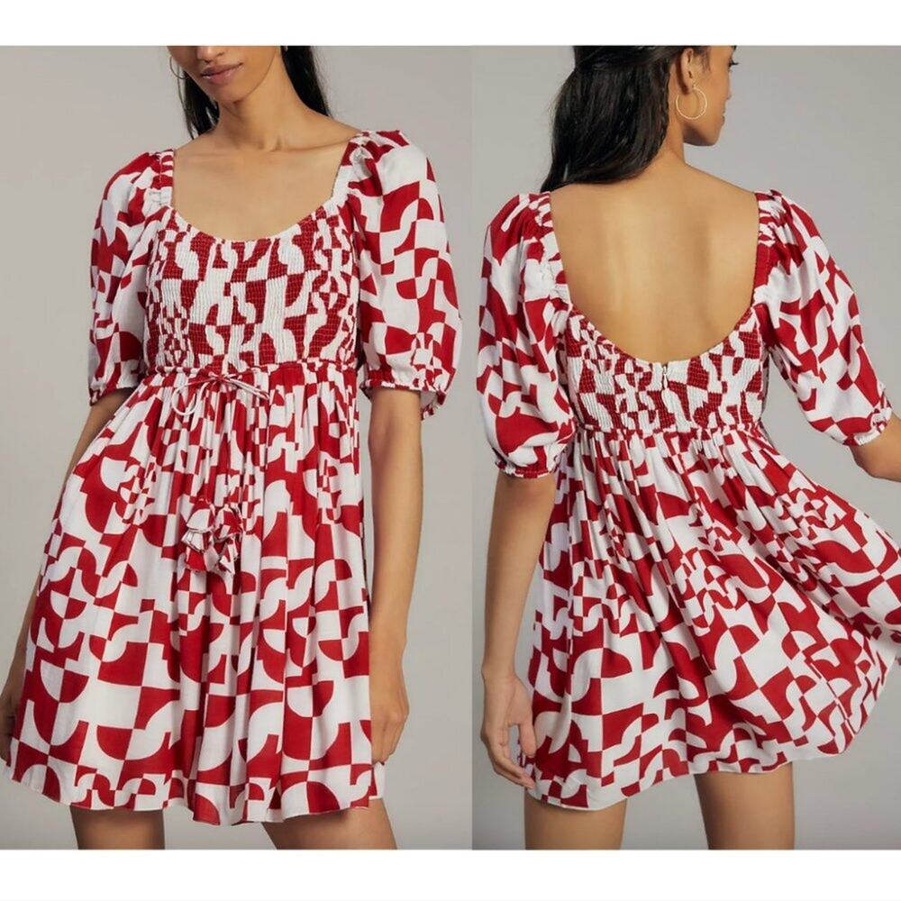 Anthropologie Geisha Designs Red & White Smocked Geo Mini Dress